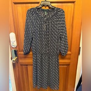 Elegant Navy and White Patterned Dress, sheer top, navy slip dress underneath.